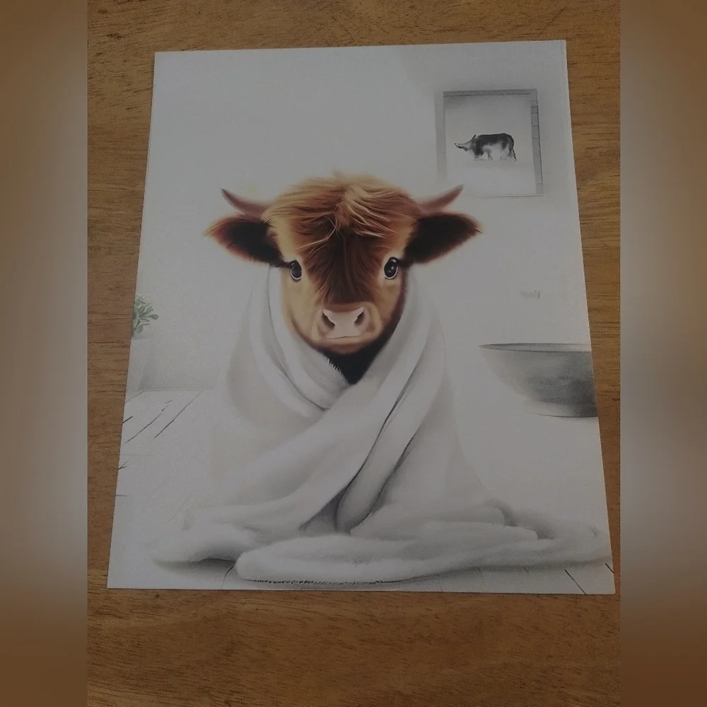 New farmhouse bathroom decor fuzzy cow in a towel